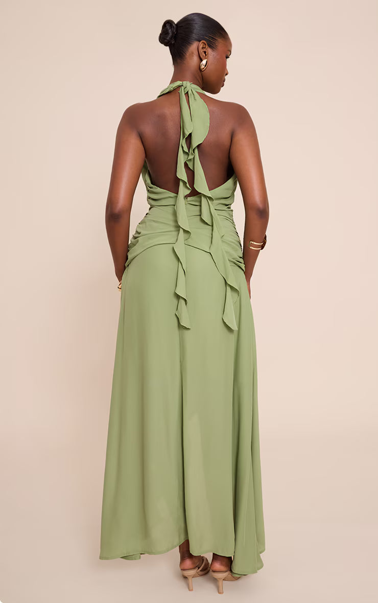 Sage Chiffon Plunge Trim Detail Maxi Dress