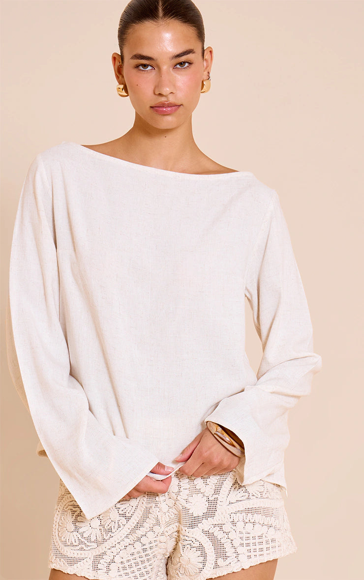 Beige Lightweight Woven Long Sleeve Oversized Top