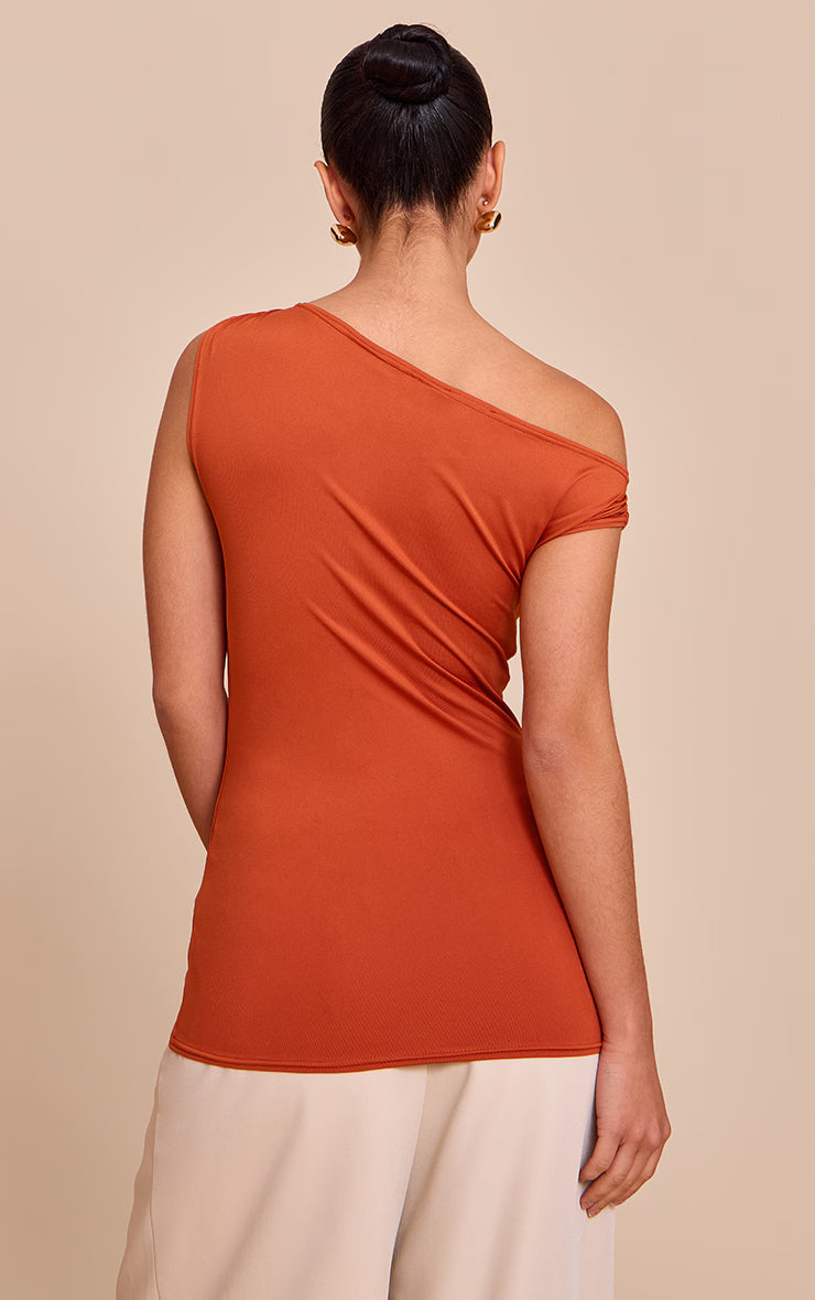 Rust Slinky Asymmetric Ruched Detail Long Top