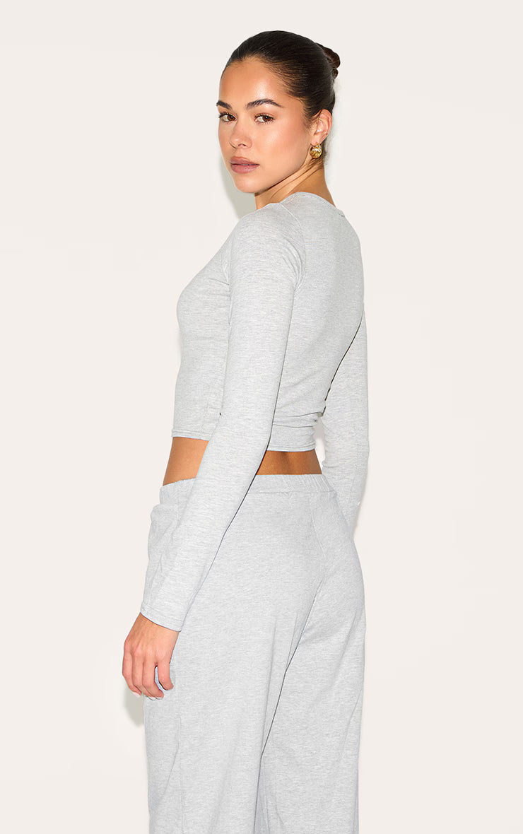 Ash Grey Cotton Jersey Long Sleeve Crew Neck Top