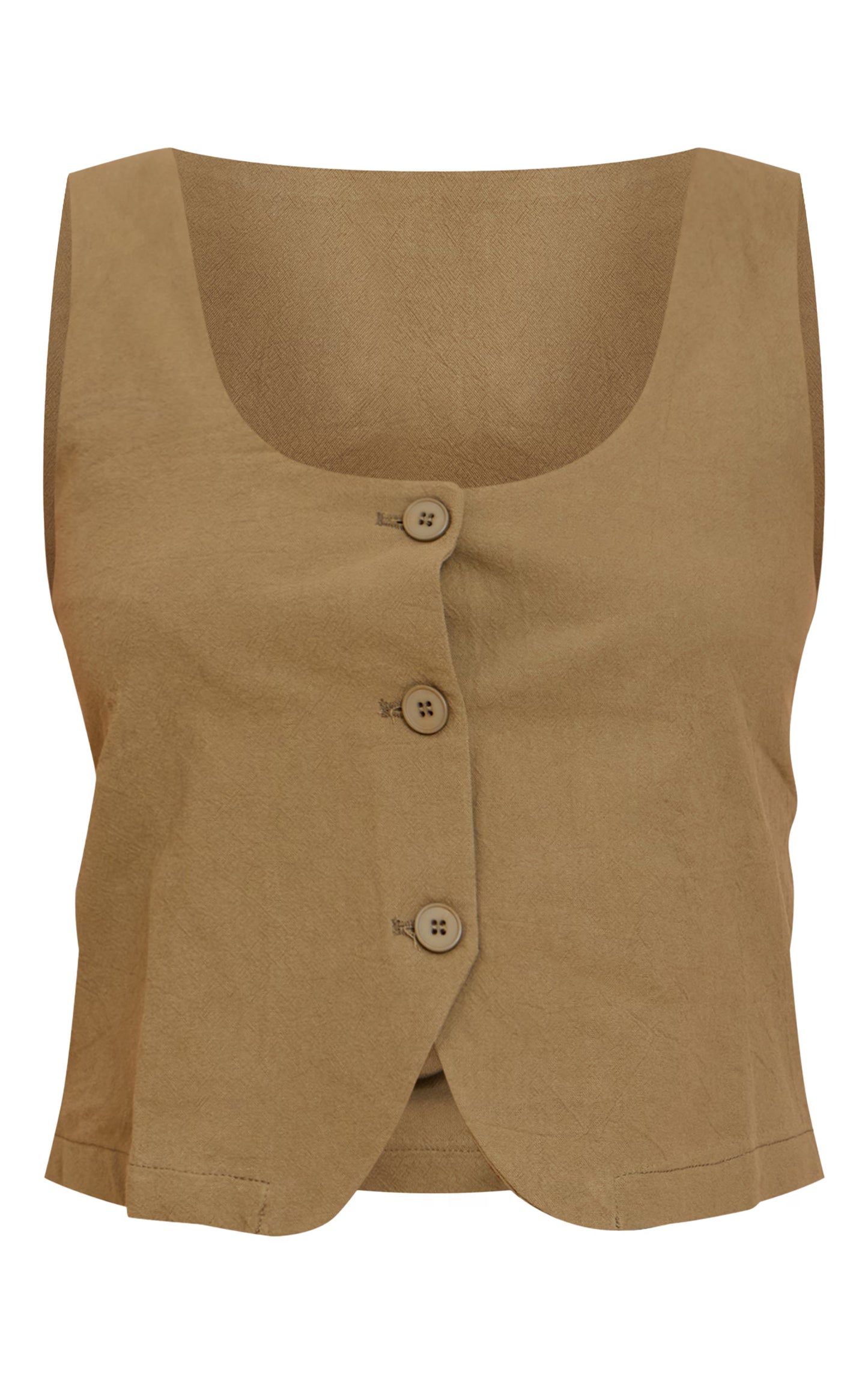 Khaki Tailored Linen Look Scoop Neck Fitted Vest