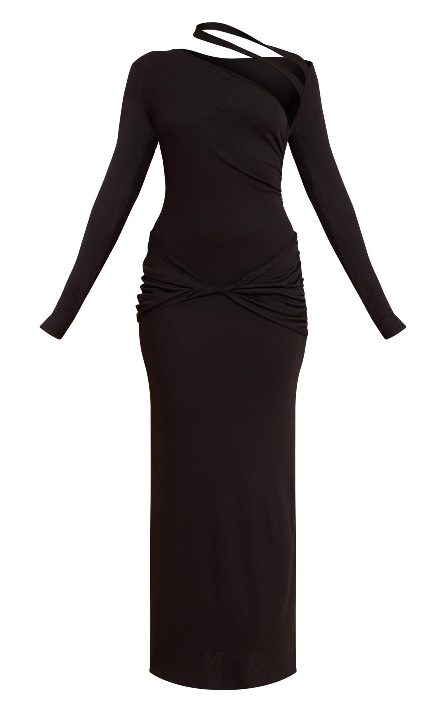 Black Burnout Mesh Ruched Asymmetric Maxi Dress