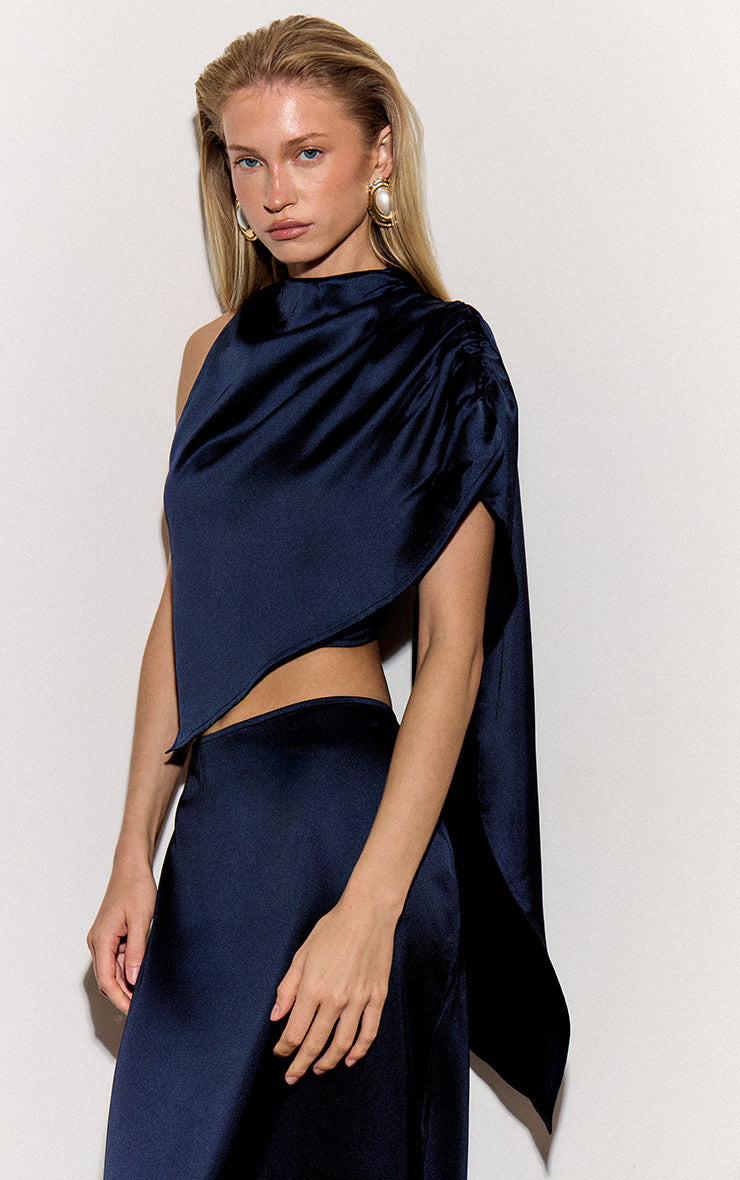 Navy Satin Drape Top