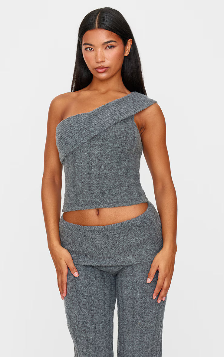 Charcoal Marl Textured Knit Foldover Bandeau Top