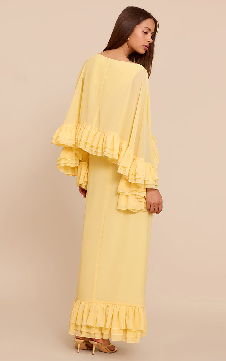 Lemon Chiffon Extreme Overlay Frill Detail Maxi Dress
