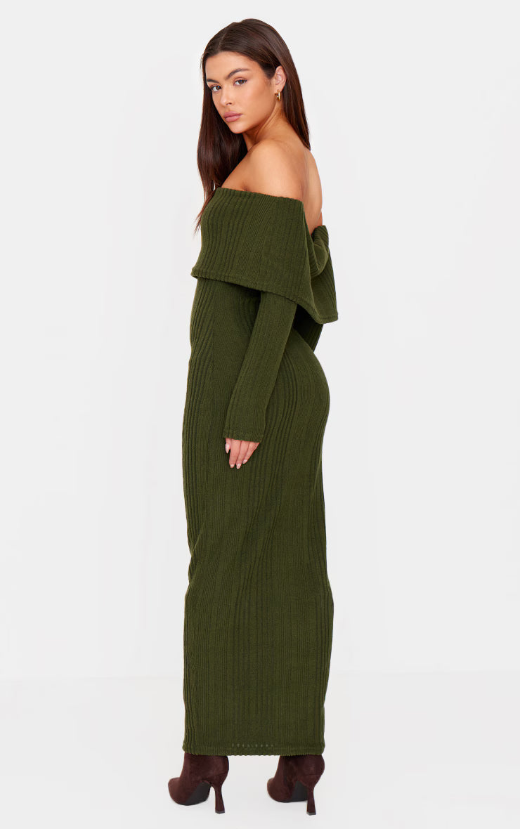 Green Brushed Rib Foldover Bardot Maxi Dress