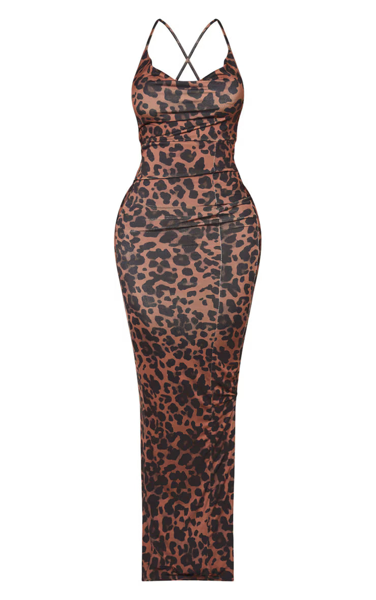 Shape Brown Leopard Print Slinky Cowl Neck Maxi Dress