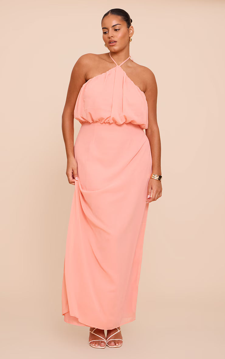 Plus Peach Chiffon Halter Neck Maxi Dress