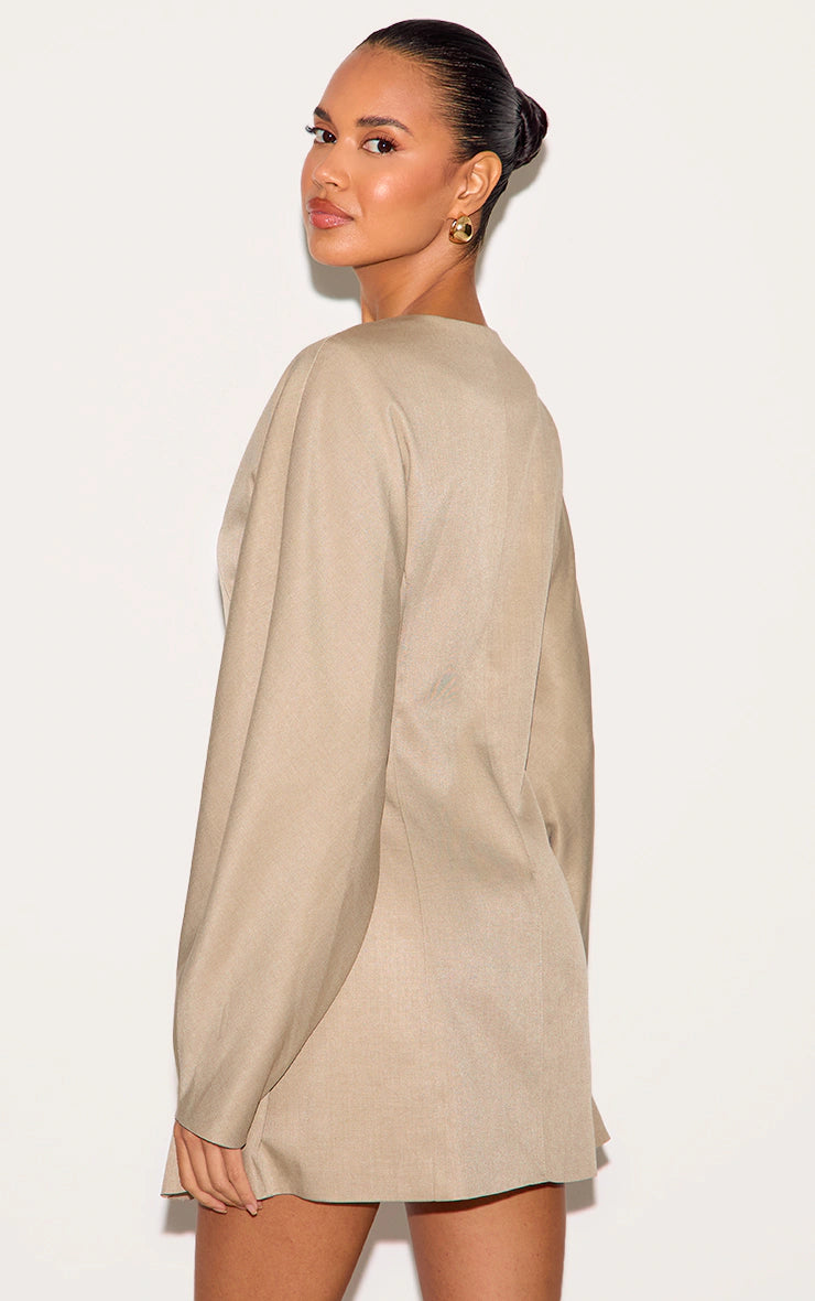 Clay Woven Balloon Sleeve Collarless Blazer Dress
