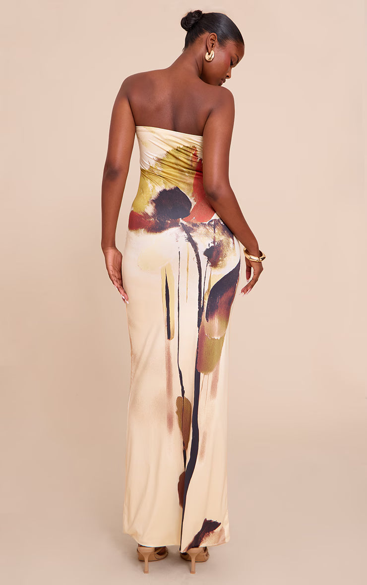 Cream Printed Bandeau Maxi Dress