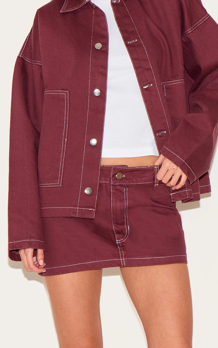 Burgundy Contrast Stitch Denim Mini Skirt