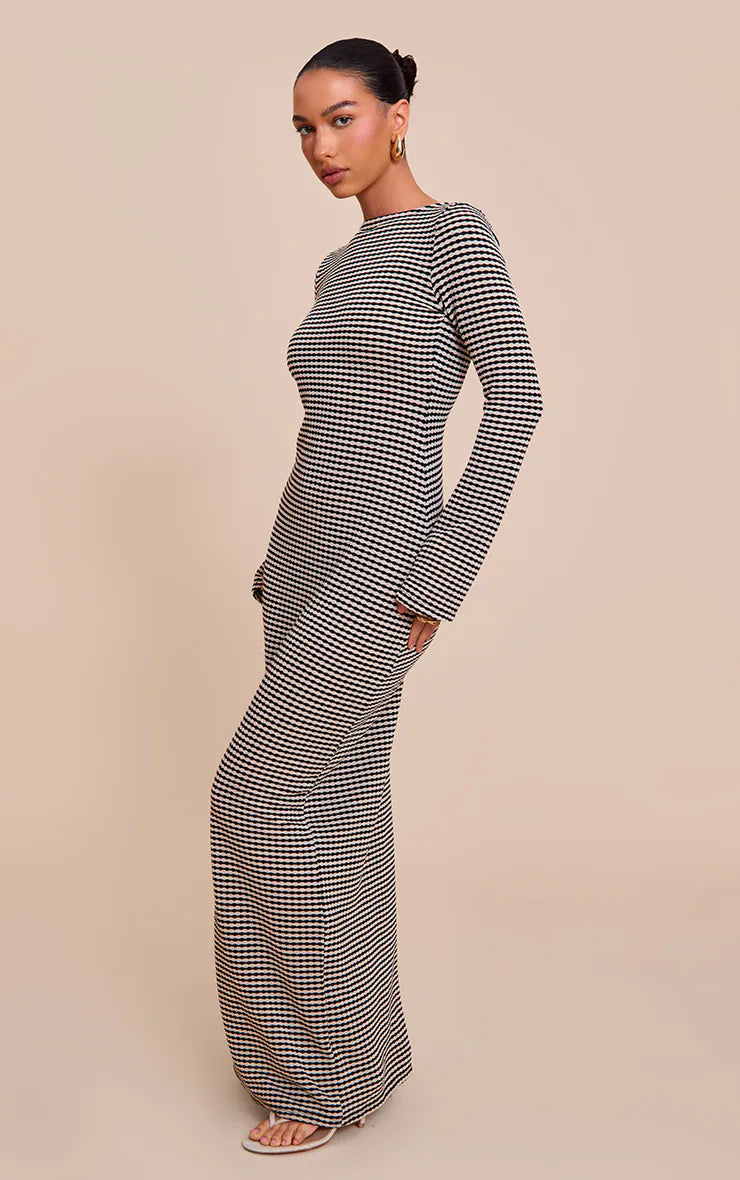 Black Monochrome Textured Scoop Back Long Sleeve Maxi Dress