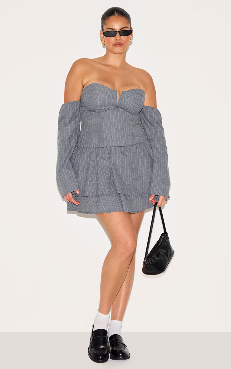 Plus Light Grey Cup Detail Pinstripe Bardot Shift Dress
