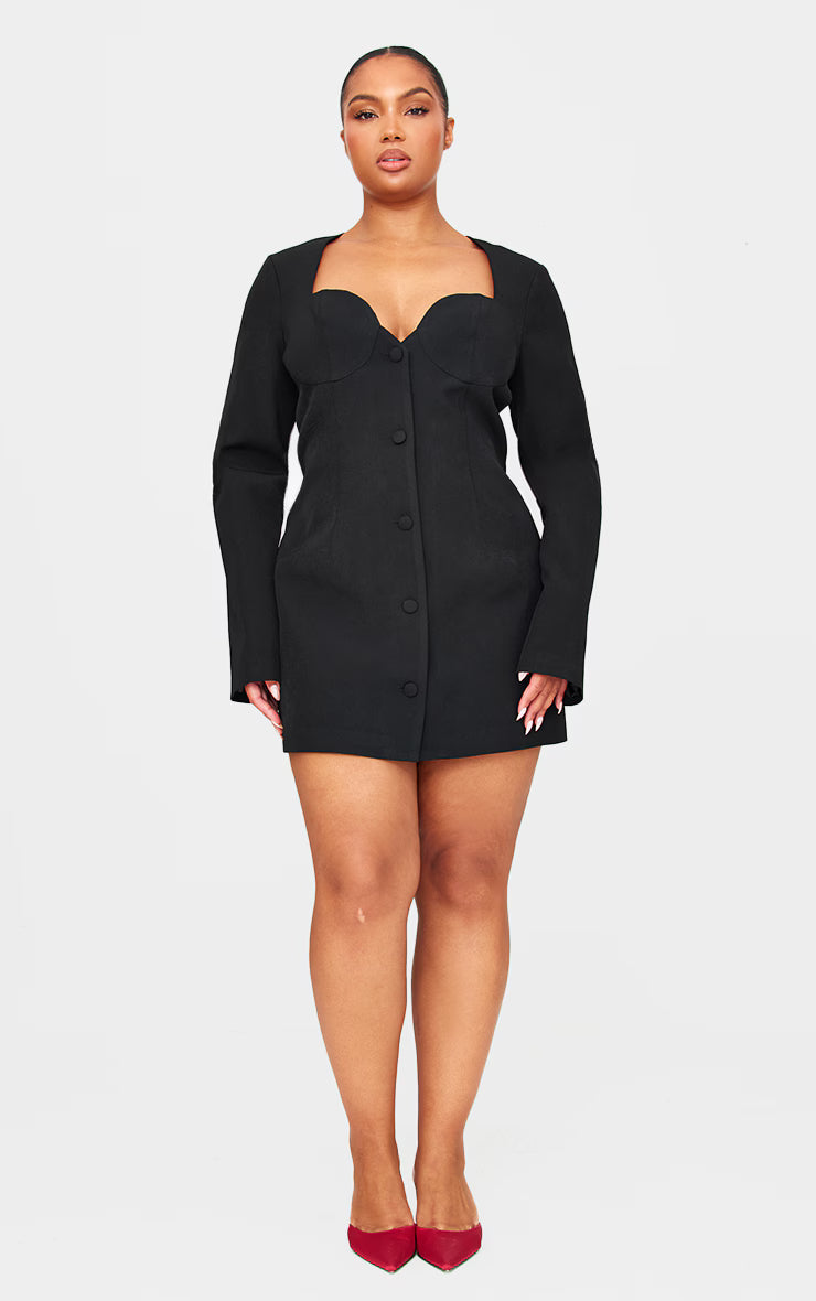 Plus Black Premium Woven Cup Detail Long Sleeve Mini Dress