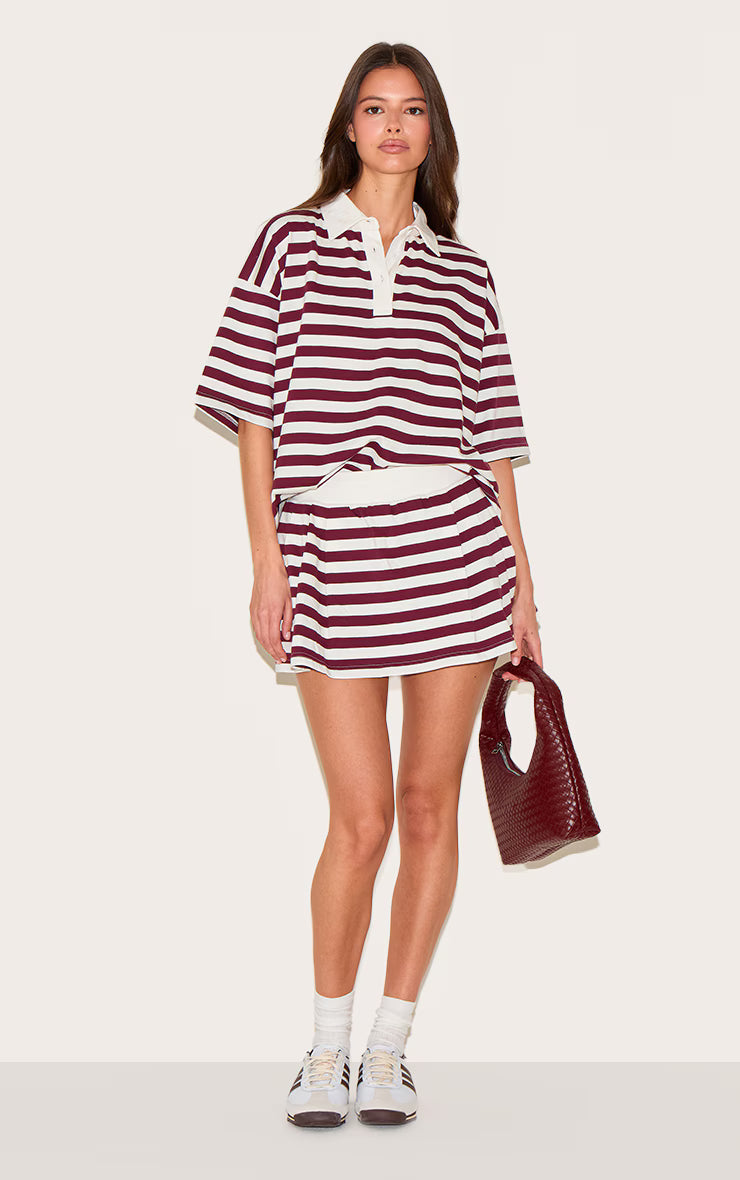 Red Striped Oversized Collared T-shirt