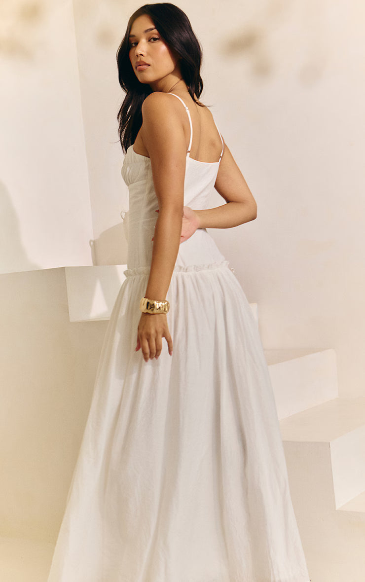 White Ruched Bust Drop Waist Maxi Dress