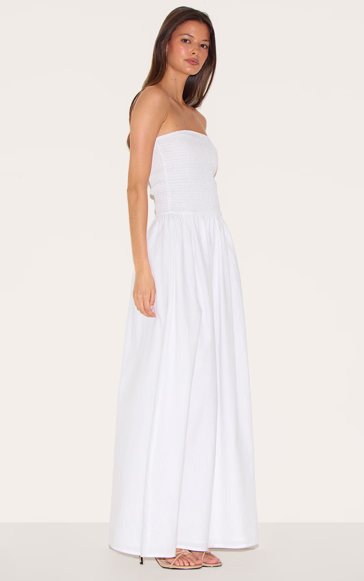 White Bandeau Shirred Detail Maxi Dress