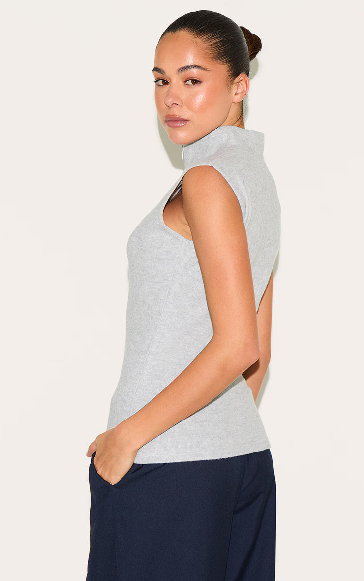 Grey Soft Touch Dual Zip Sleeveless Top