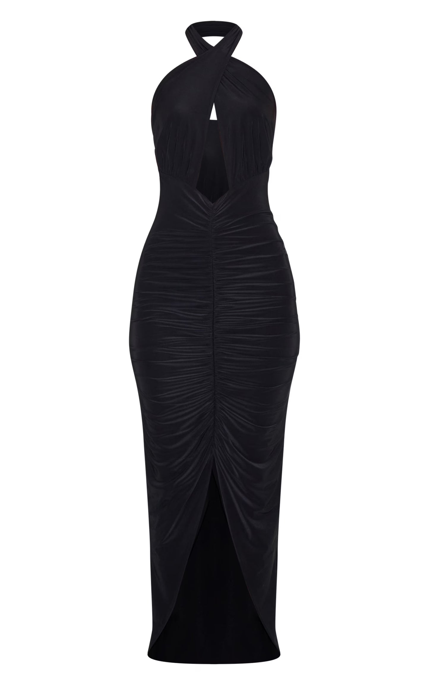 Black Double Layered Cut Out Ruched Maxi Dress