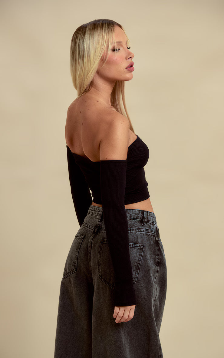 Black Structured Snatched Rib Bardot Crop Top