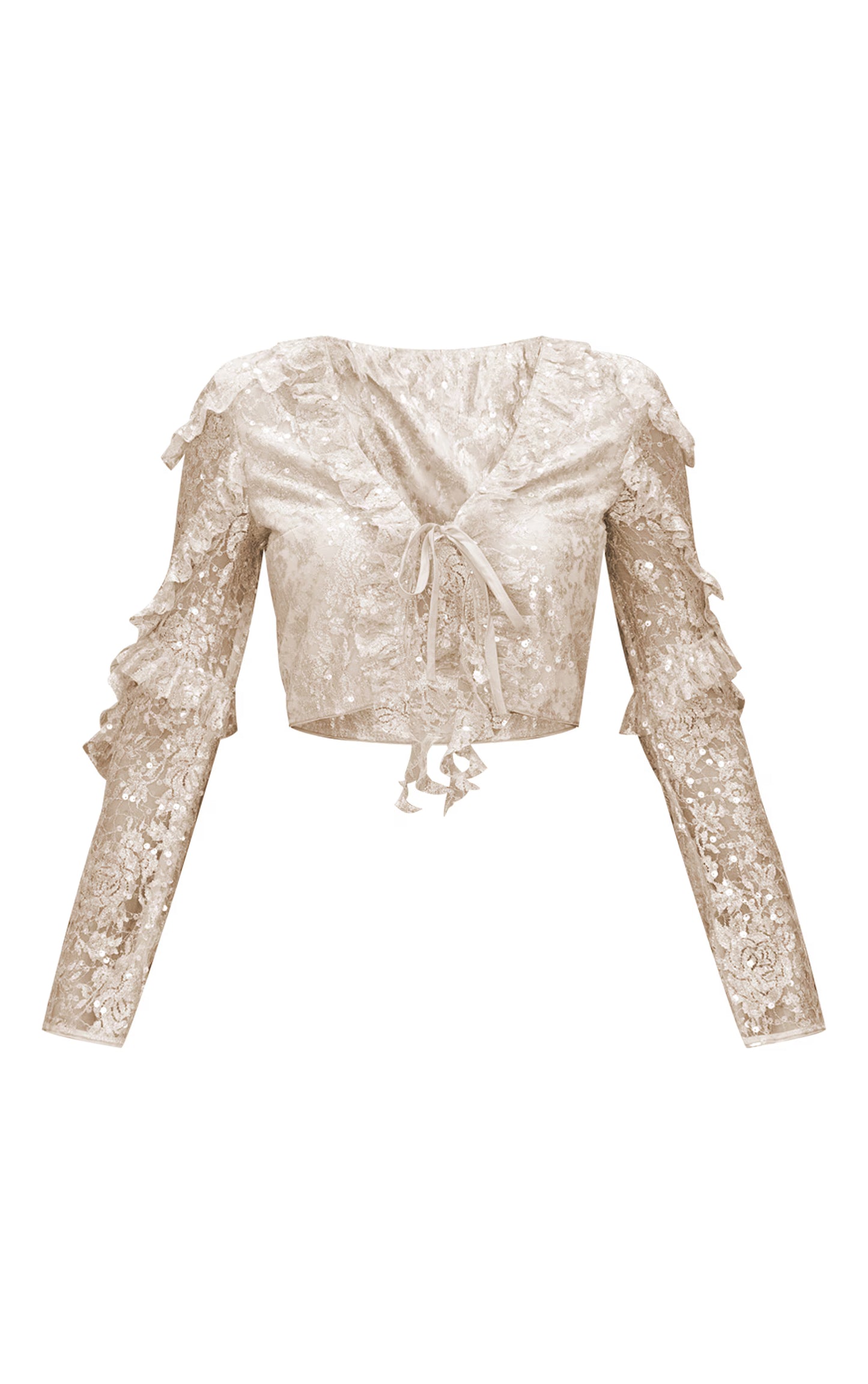 Champagne Sequin Lace Ruffle Detail Tie Front Blouse