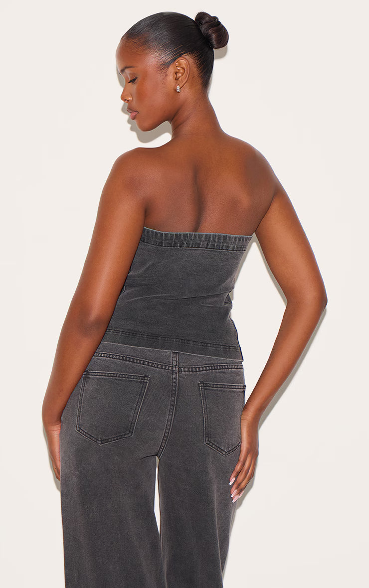 Washed Black Covered Button Longline Denim Top