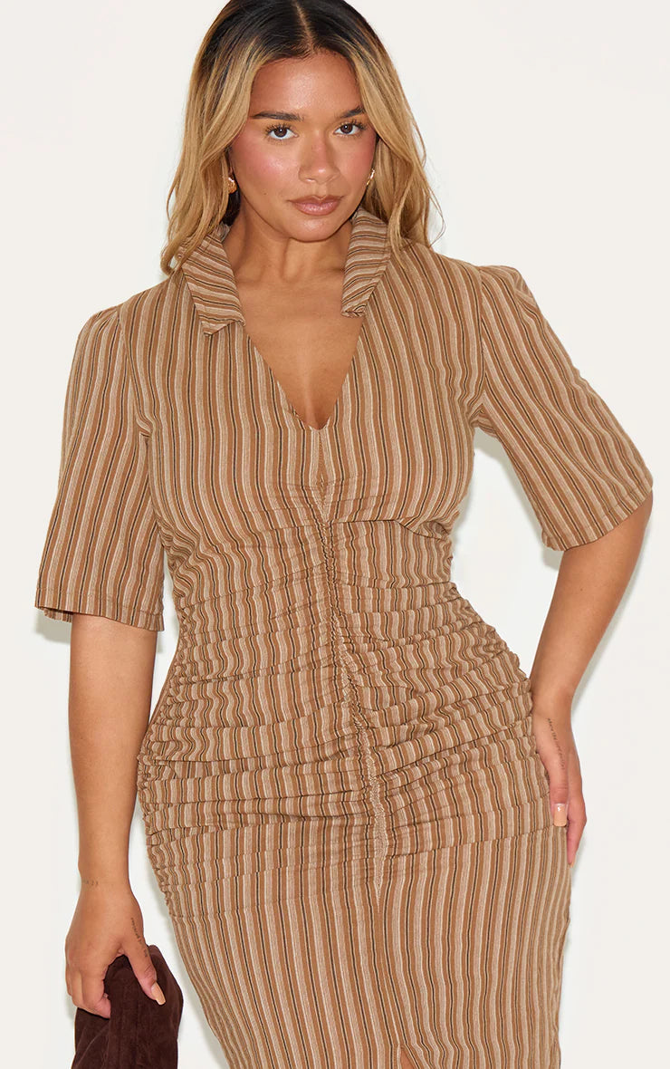 Shape Brown Striped Ruched Front Collared Split Front Maxi Dress