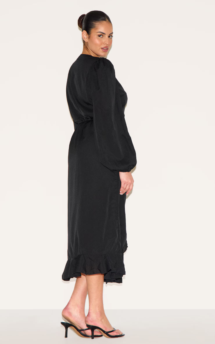 Plus Black Ruffle Wrap Front Midi Dress