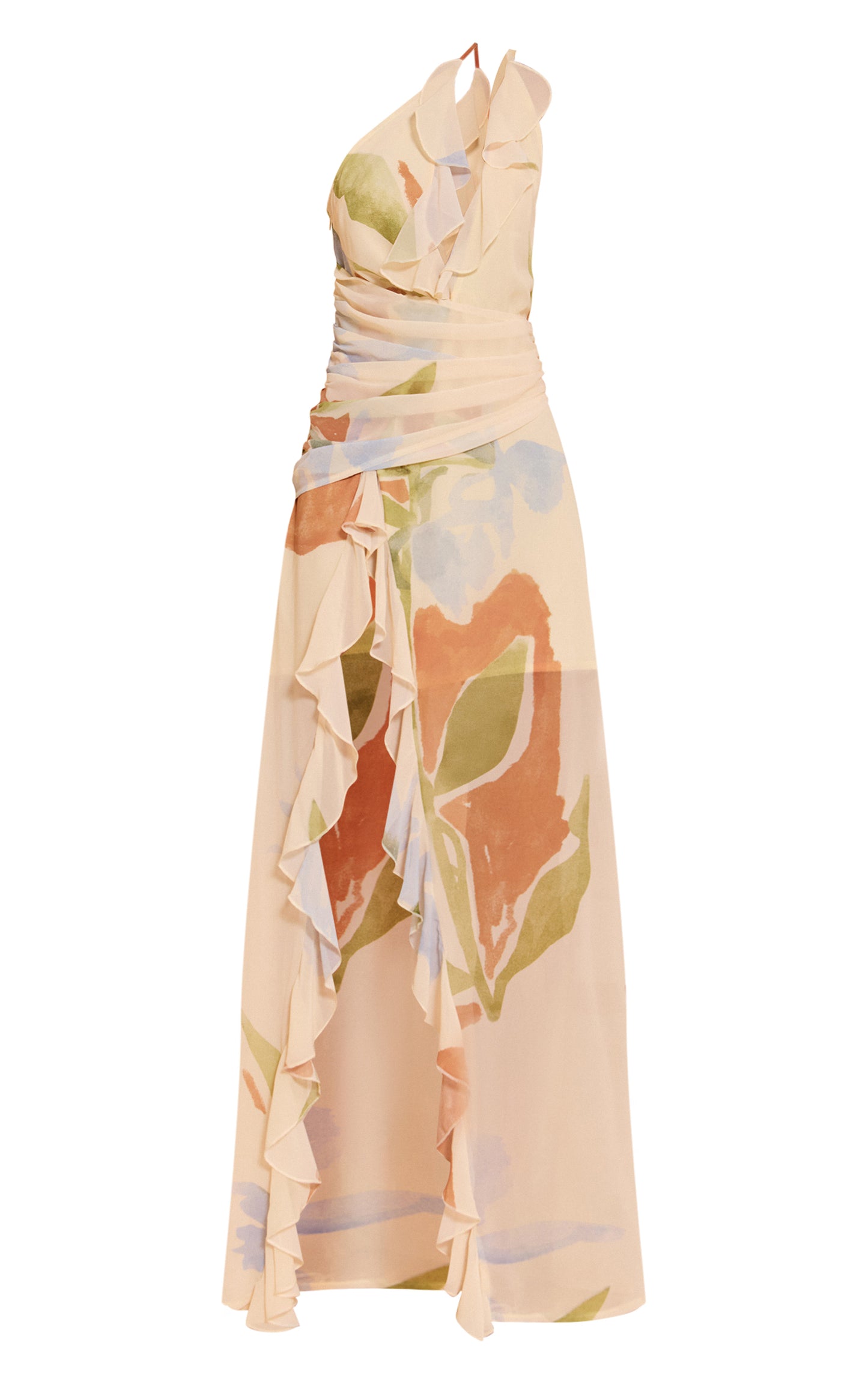 Cream Floral Chiffon Frill Plunge Strappy Maxi Dress