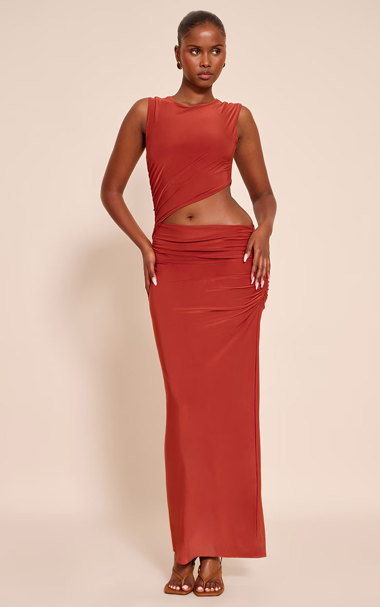 Orange Double Layer Slinky Cut Out Maxi Dress
