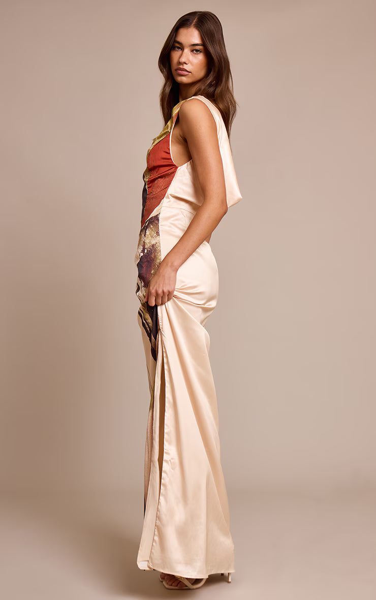 Cream Floral Printed Satin Maxi Dress