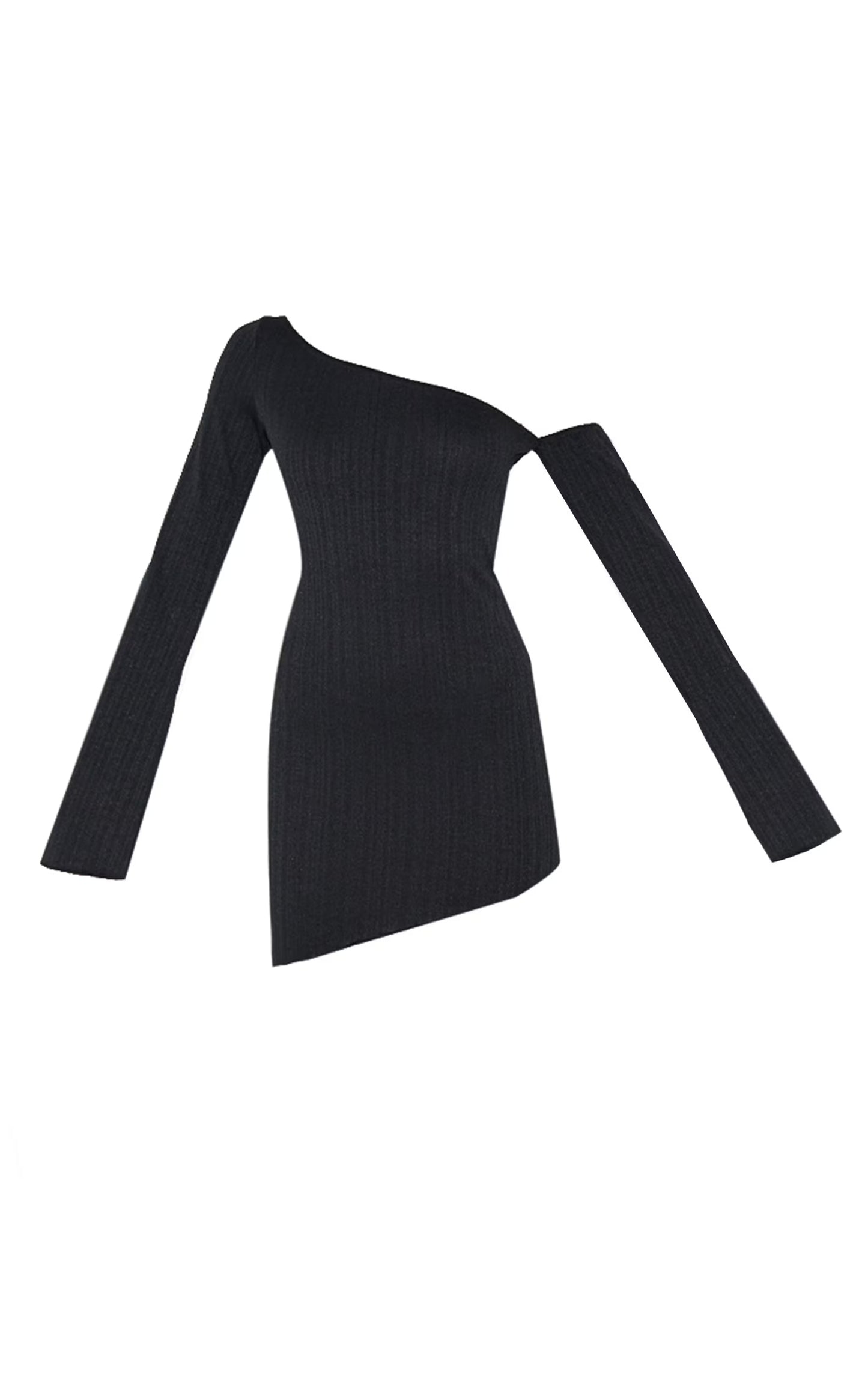 Black Textured Asymmetric One Sleeve Mini Dress