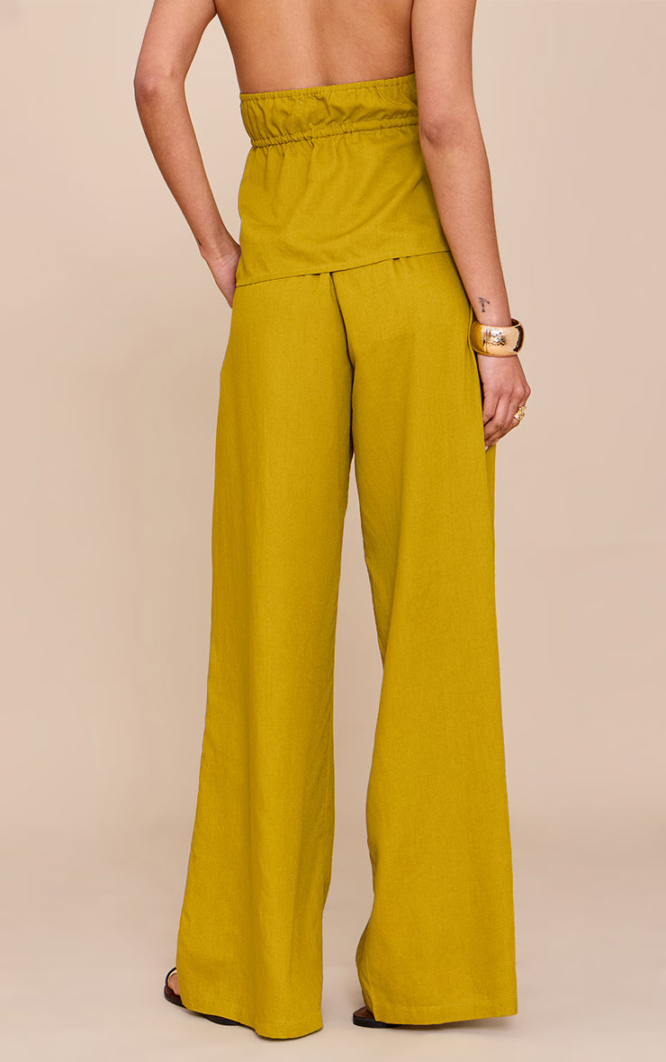 Deep Mustard Linen Look Drawstring Wide Leg Pants