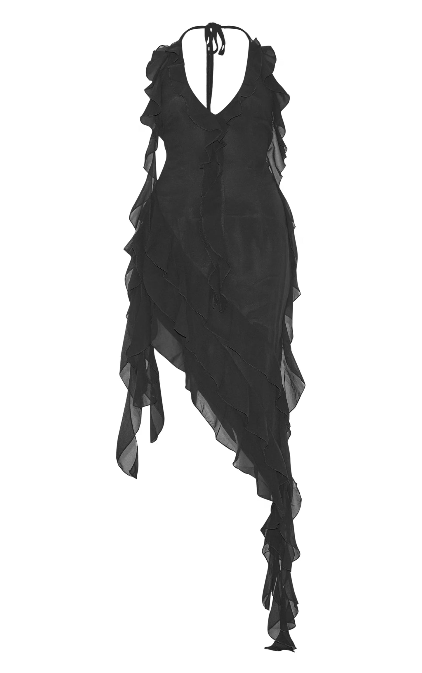 Black Chiffon Frill Detail Plunge Midaxi Dress