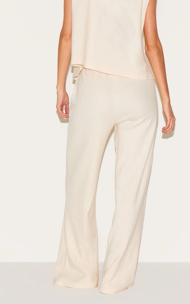 Cream Brushed Rib Low Rise Straight Pants