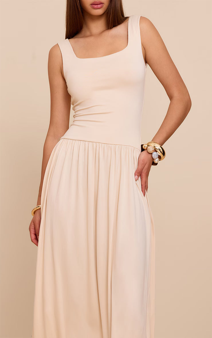 Almond Double Contour Scoop Neck Drop Waist Maxi Dress