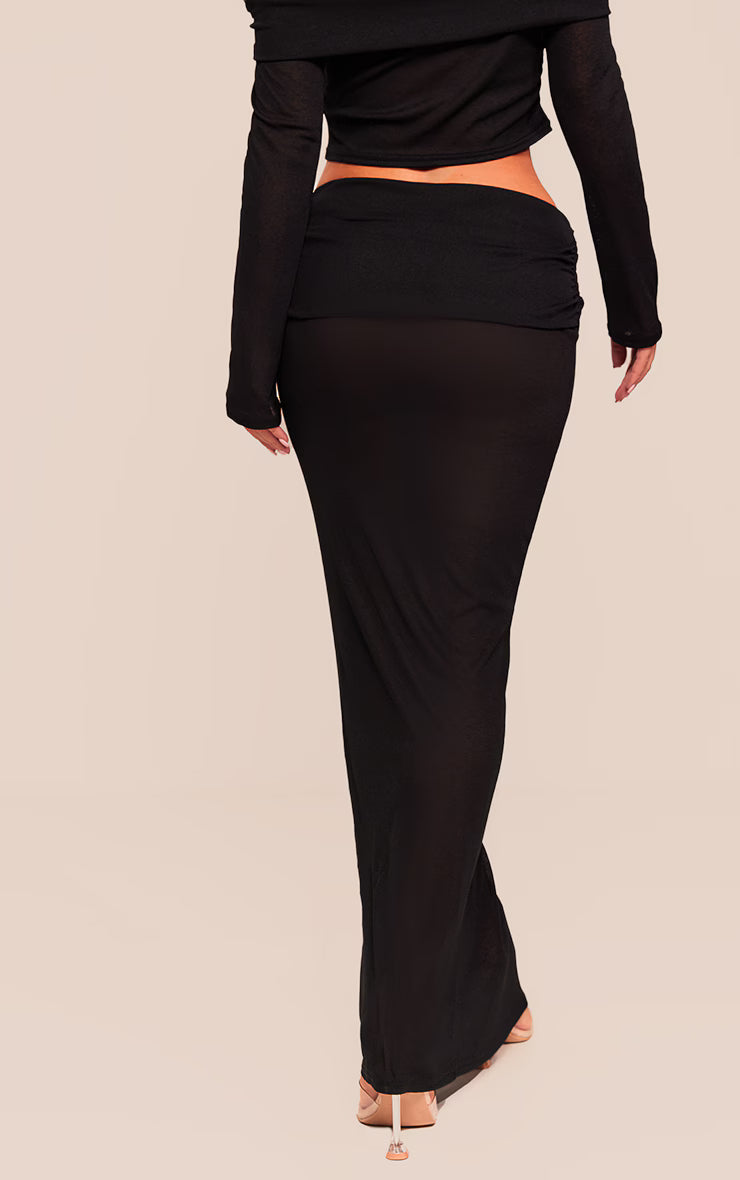 Black Sheer Burnout Mesh Fold Over Hem Low Rise Maxi Skirt