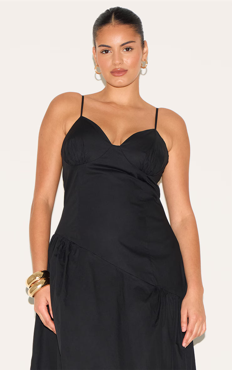 Plus Black Plunge Asymmetric Detail Midaxi Dress