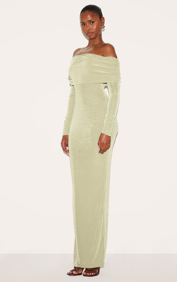 Sage Green Acetate Slinky Bardot Long Sleeve Maxi Dress