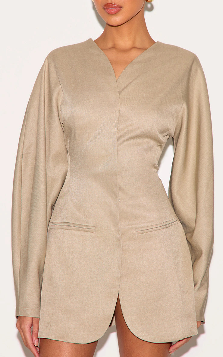 Clay Woven Balloon Sleeve Collarless Blazer Dress