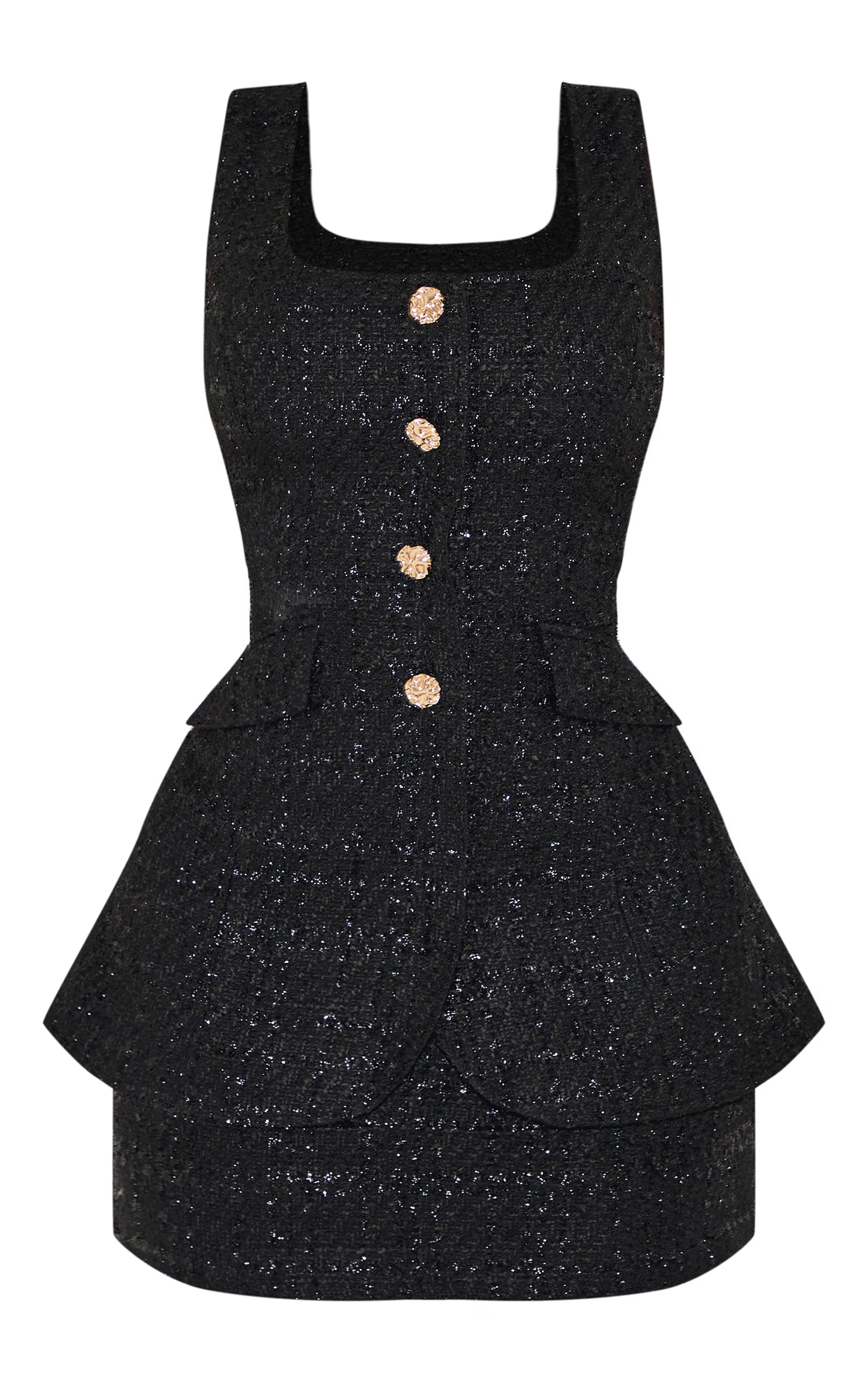 Shape Black Boucle Square Neck Layered Hammered Button Mini Dress