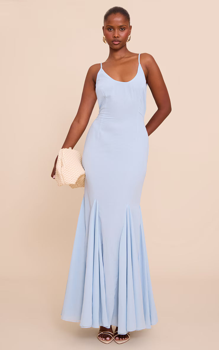 Pale Blue Chiffon Scoop Neck Cowl Back Sleeveless Maxi Dress