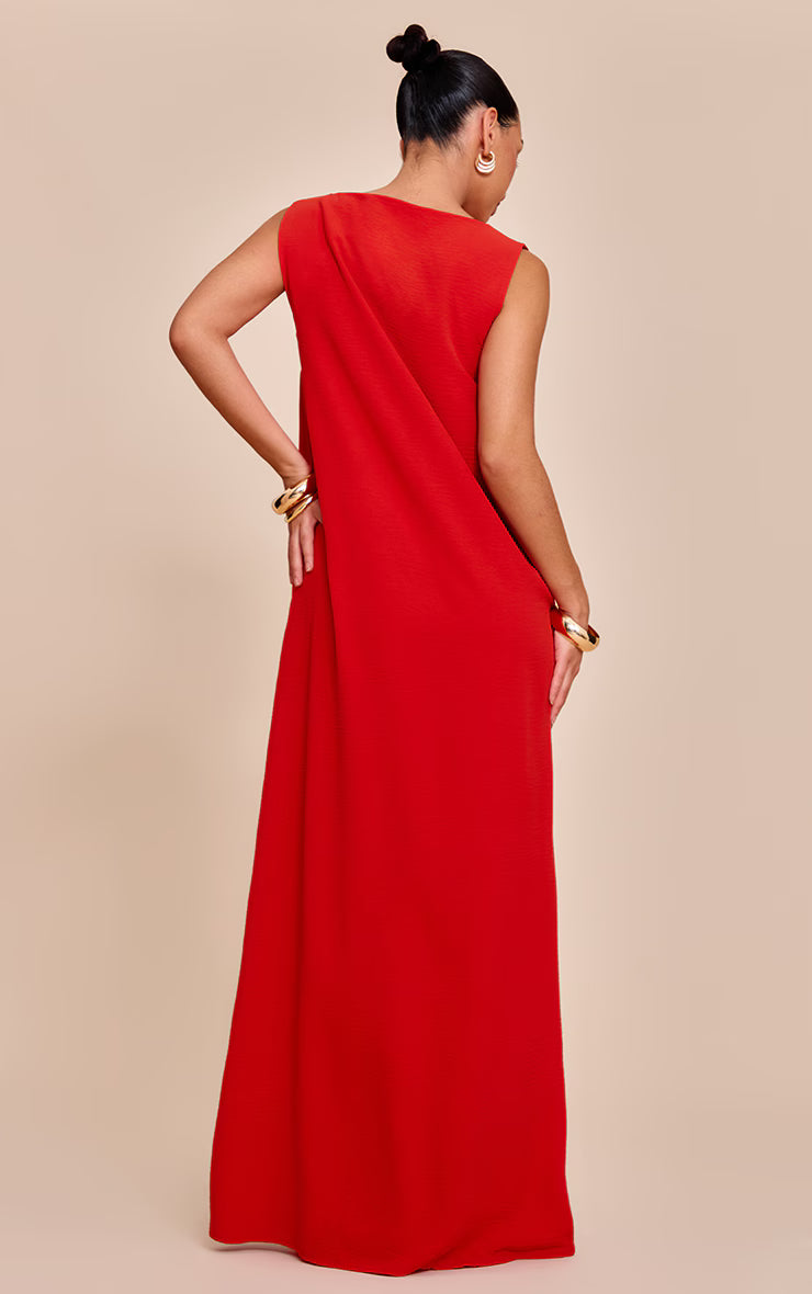 Red Textured Boat Neck Sleeveless Maxi Dress