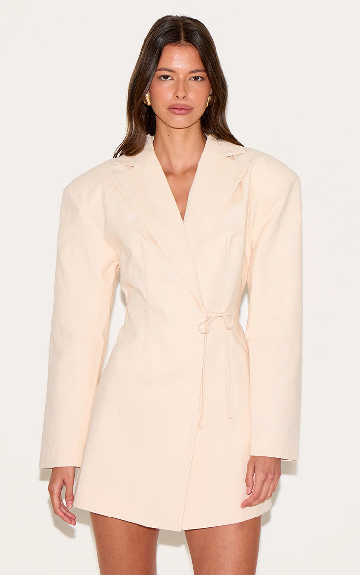 Cream Linen Blend Tie Detail Blazer Dress