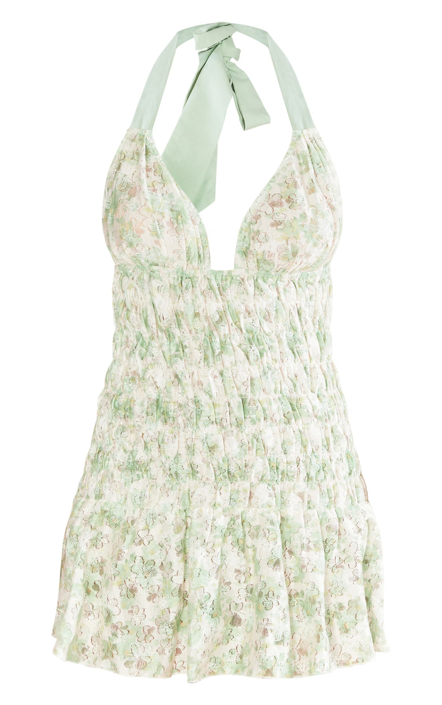 Sage Floral Textured Shirred Strappy Bodycon Dress