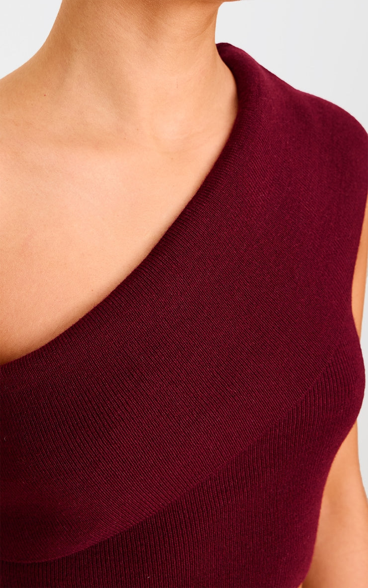 Burgundy Soft Rib Knit One Shoulder Fold Over Crop Top