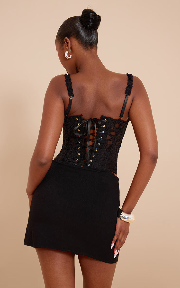 Black Strappy Textured Sheer Floral Lace Corset