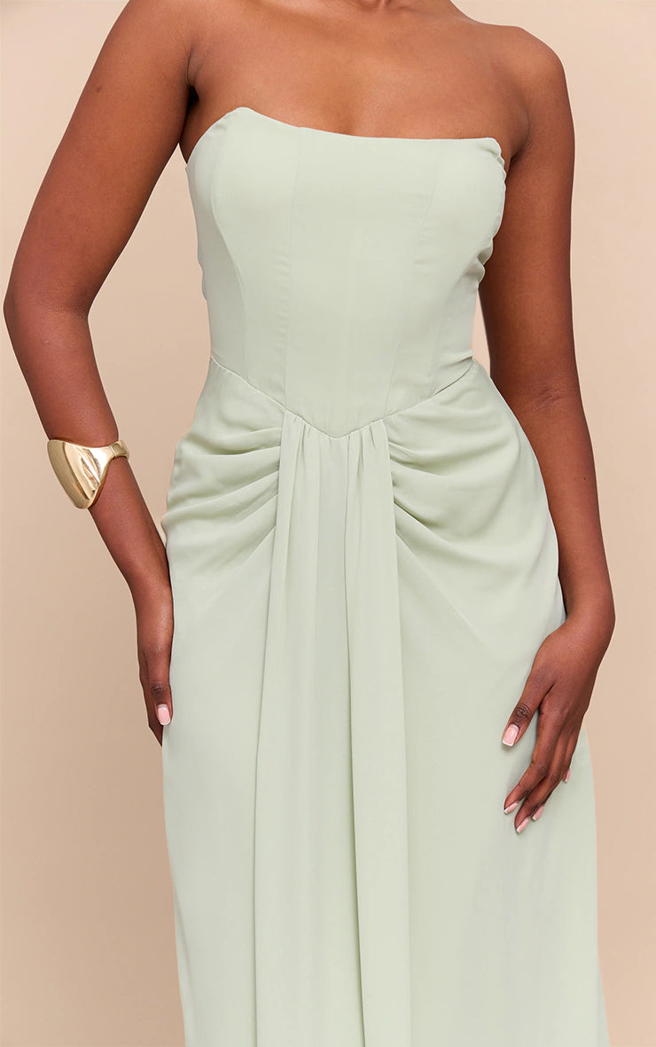 Sage Green Bandeau Corset Drape Detail Maxi Dress