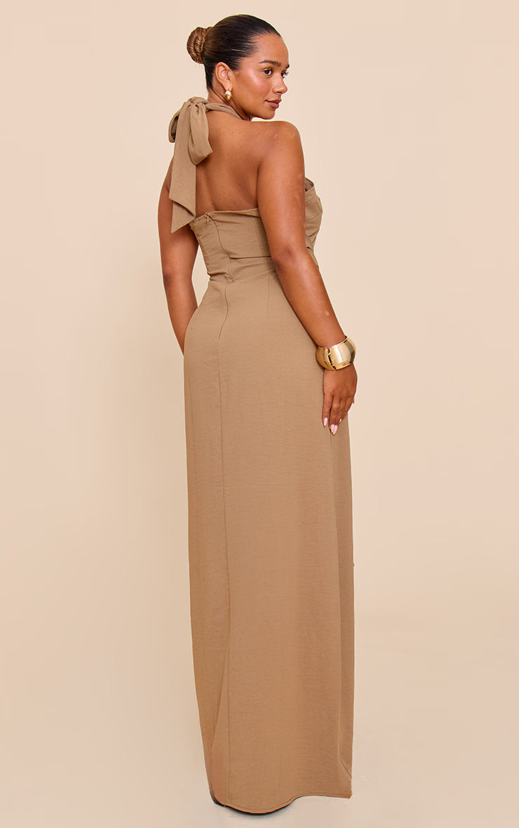 Shape Khaki Hammered Satin Ring Detail Halter Maxi Dress