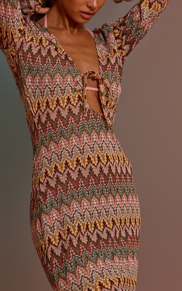 Multi Jacquard Long Sleeve Beach Maxi Dress